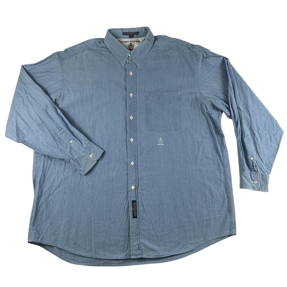 Tommy Hilfiger Shirt Mens XL Blue Chambray Long Sleeve Button Up Pocket Casual
